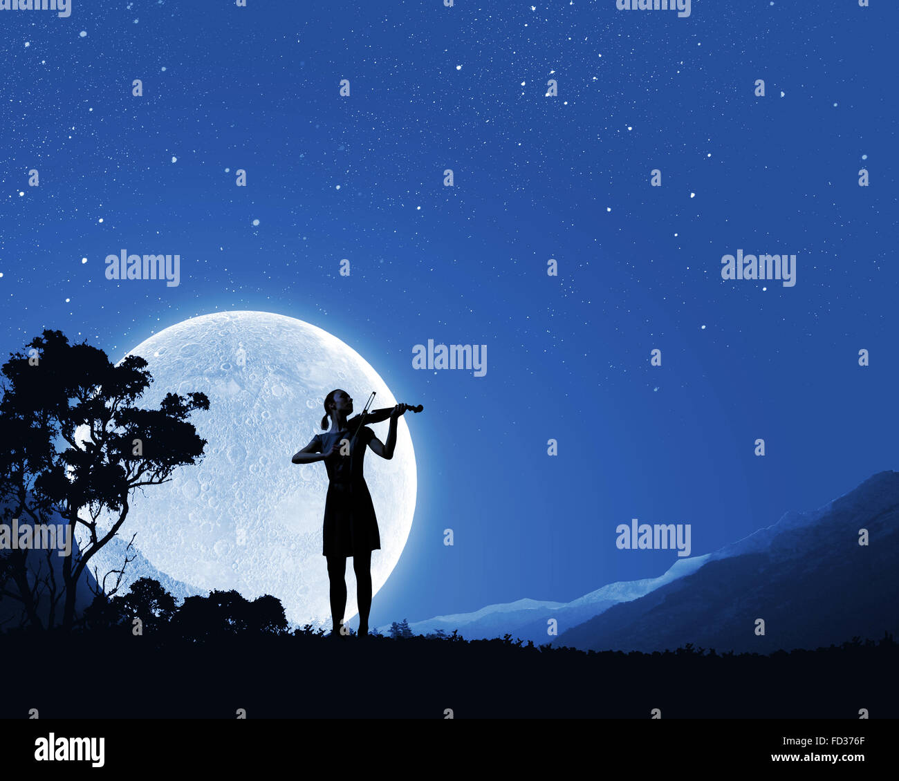Silhouette of woman playing violin at night Stock Photo - Alamy