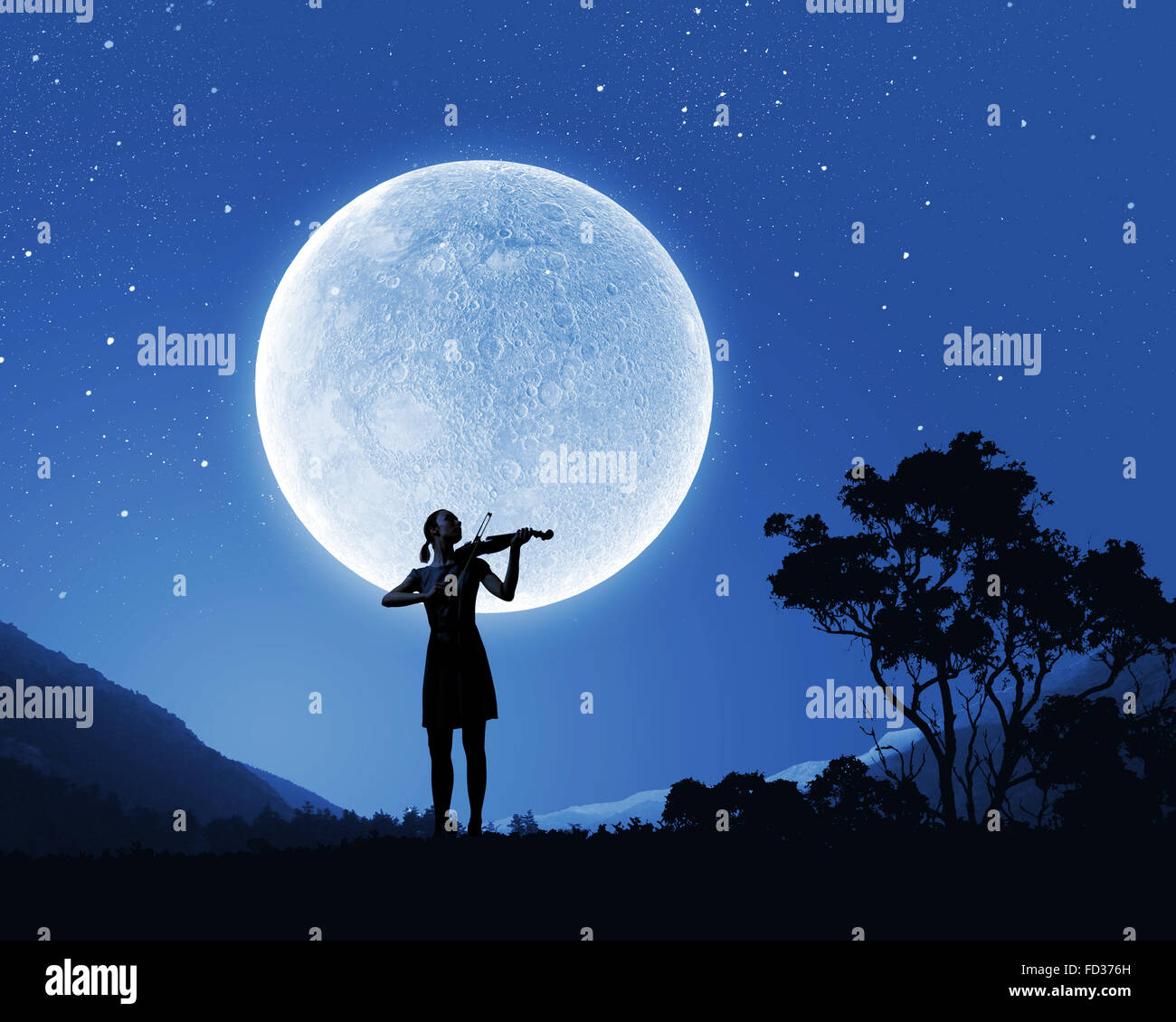 Silhouette of woman playing violin at night Stock Photo - Alamy