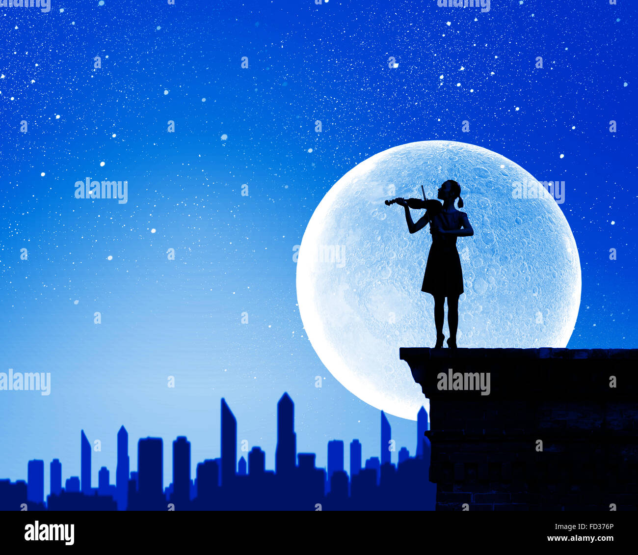 Silhouette of woman playing violin at night Stock Photo - Alamy