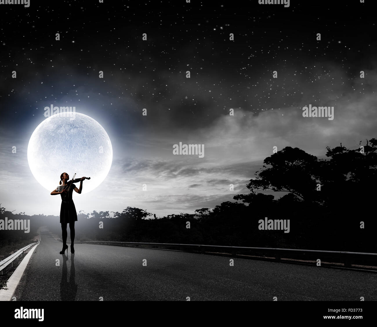 Silhouette of woman playing violin at night Stock Photo - Alamy