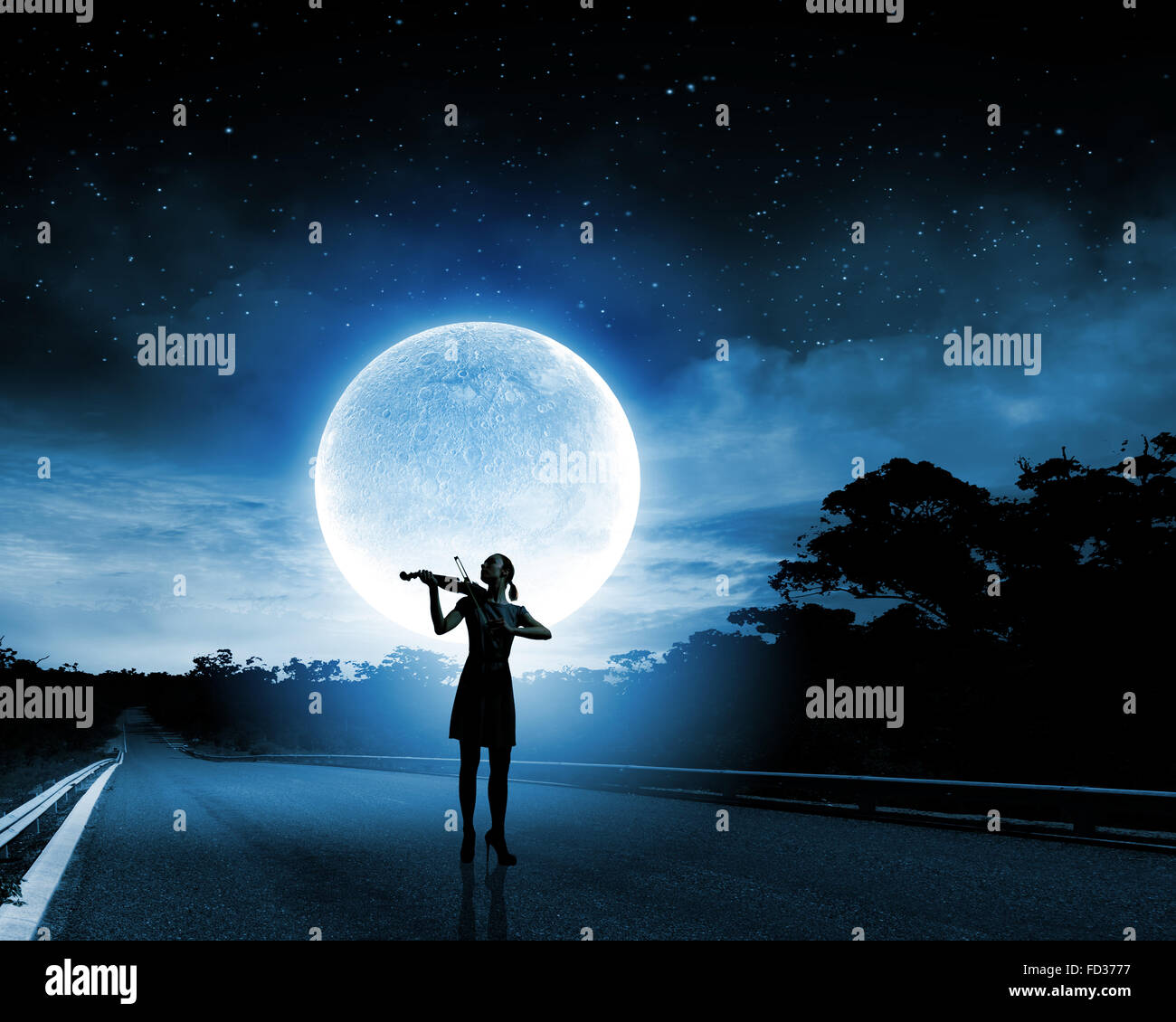 Silhouette of woman playing violin at night Stock Photo - Alamy