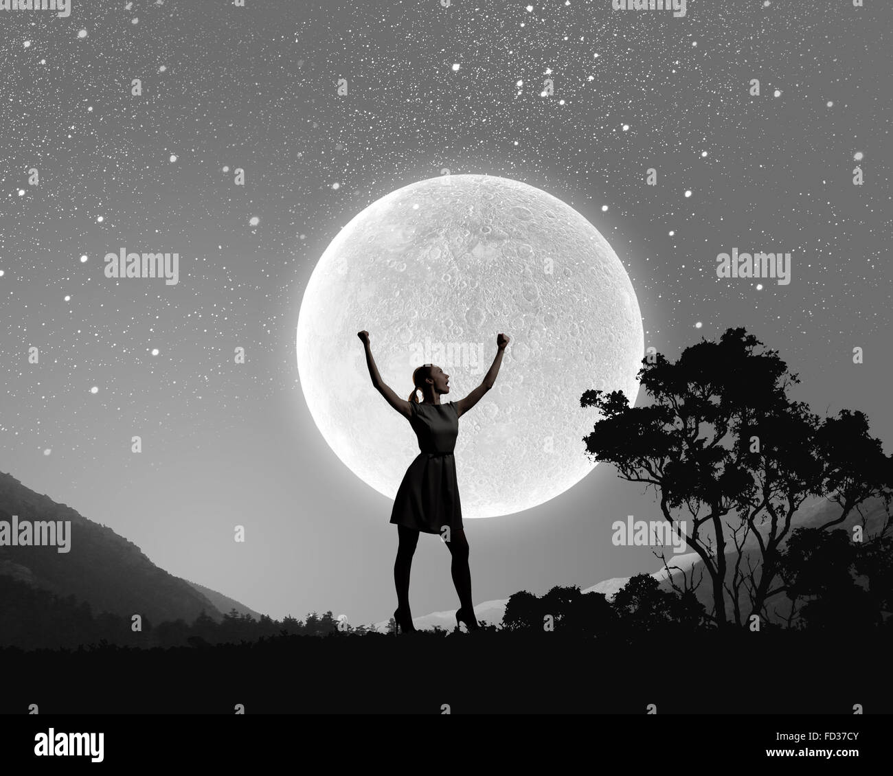 Women Silhouette Against Full Moon PNG Images