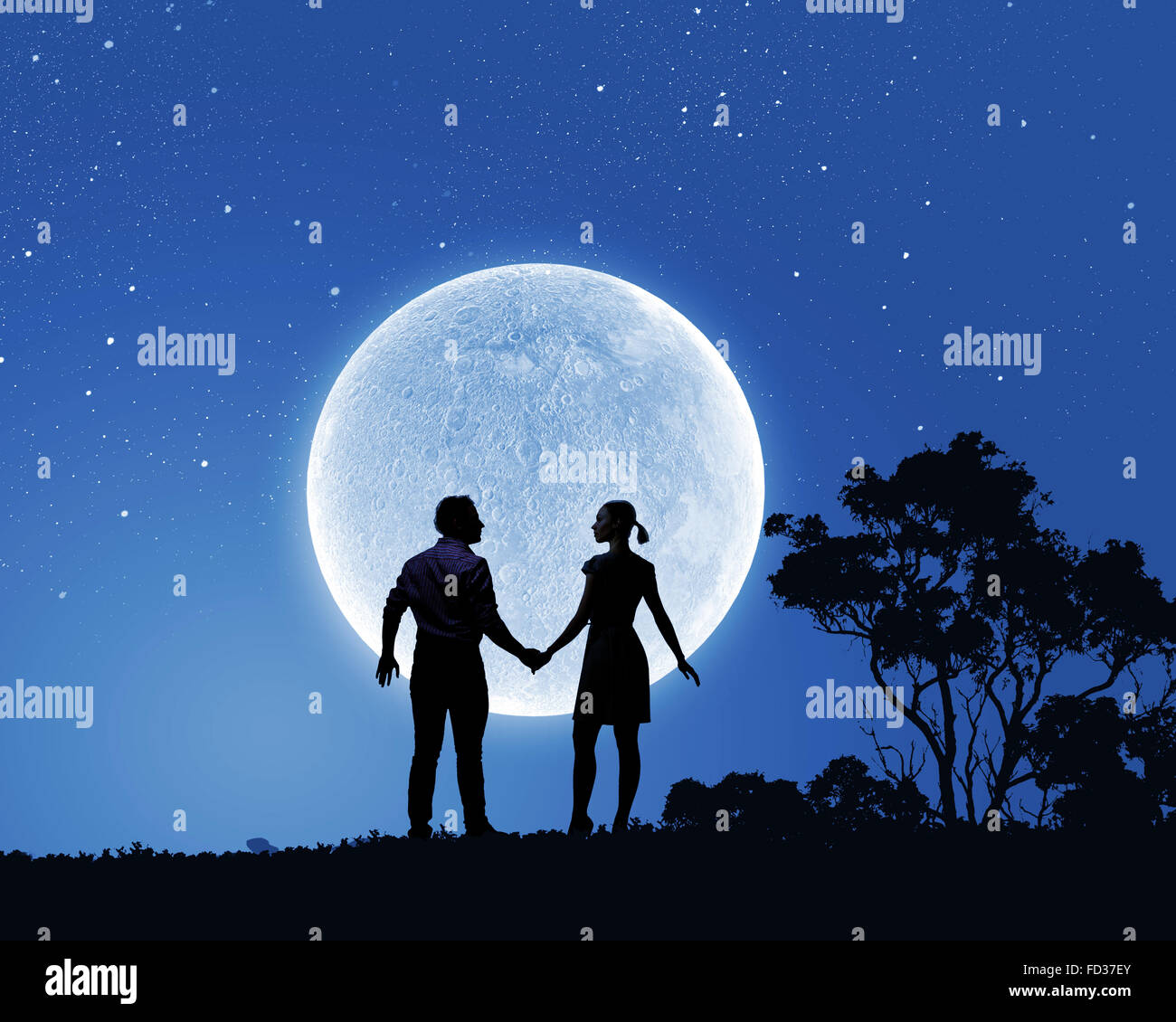 Silhouettes Of Young Romantic Couple Standing Under The Moon Light Stock Photo Alamy