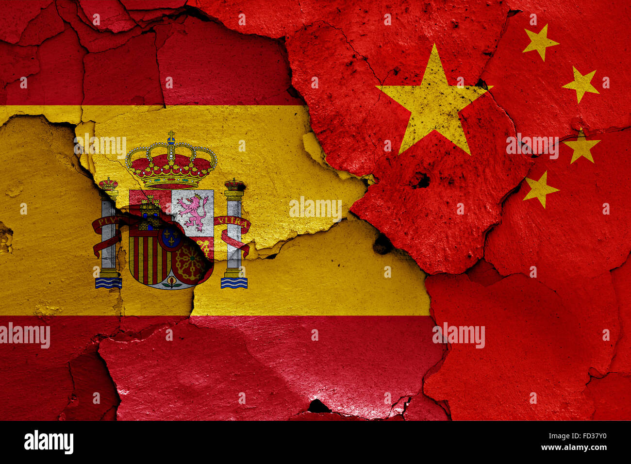 flags of Spain and China painted on cracked wall Stock Photo - Alamy