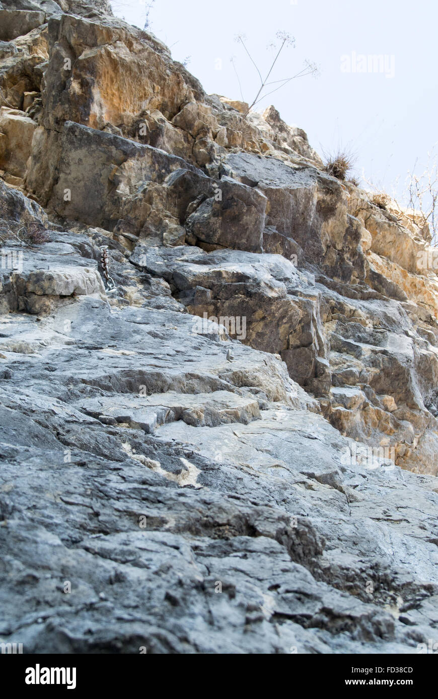 Rock face to climb. Expansion bolts, carabiner and chain at the top Stock Photo Alamy