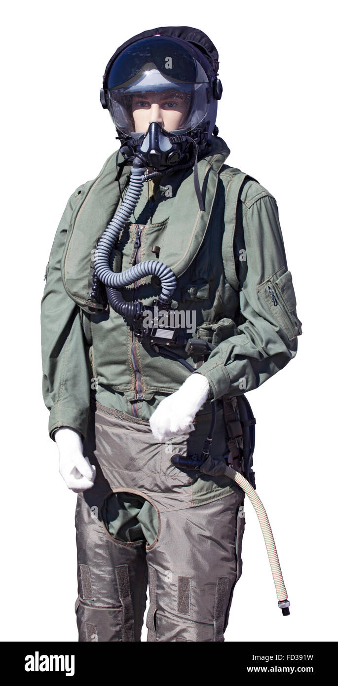 Pilot combat suit on mannequin isolated over white background Stock Photo