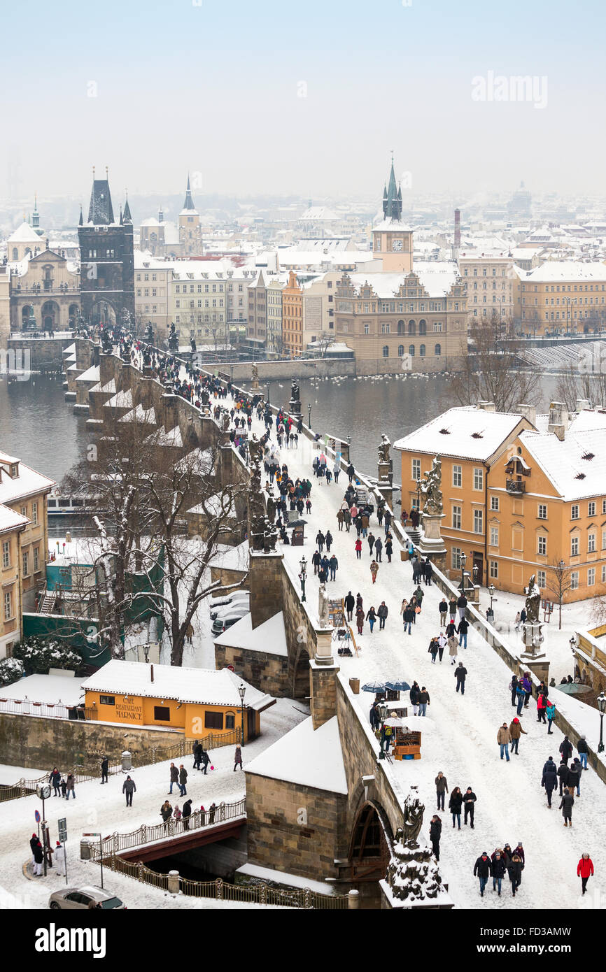 Amazing view of Charles bridge and panorama city Prague in winter, Prague, Czech republic, Europe Stock Photo