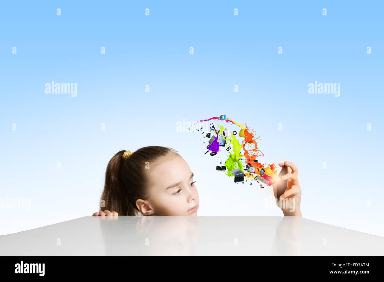 Little cute girl and flying above icons Stock Photo - Alamy