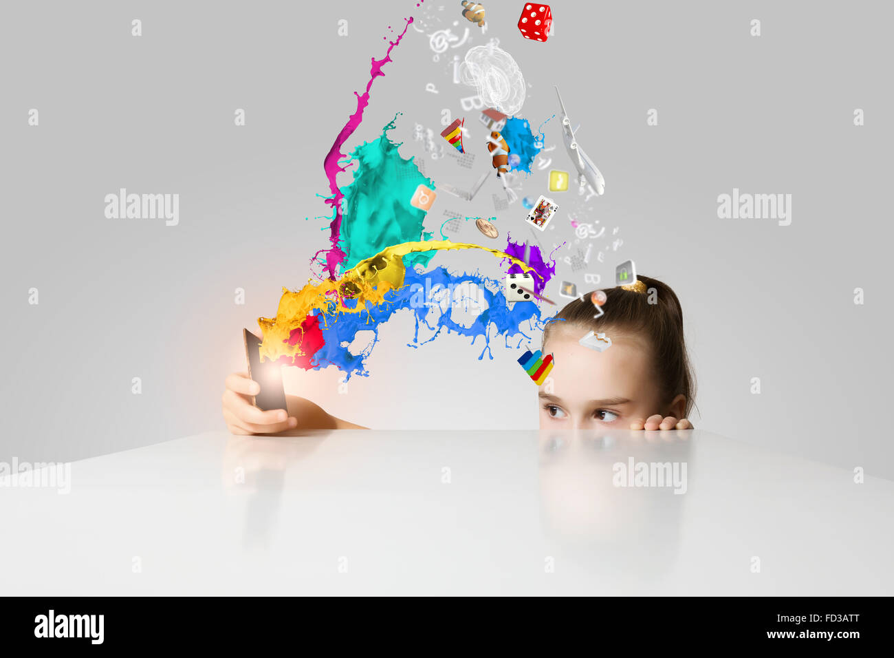 Little cute girl and flying above icons Stock Photo - Alamy