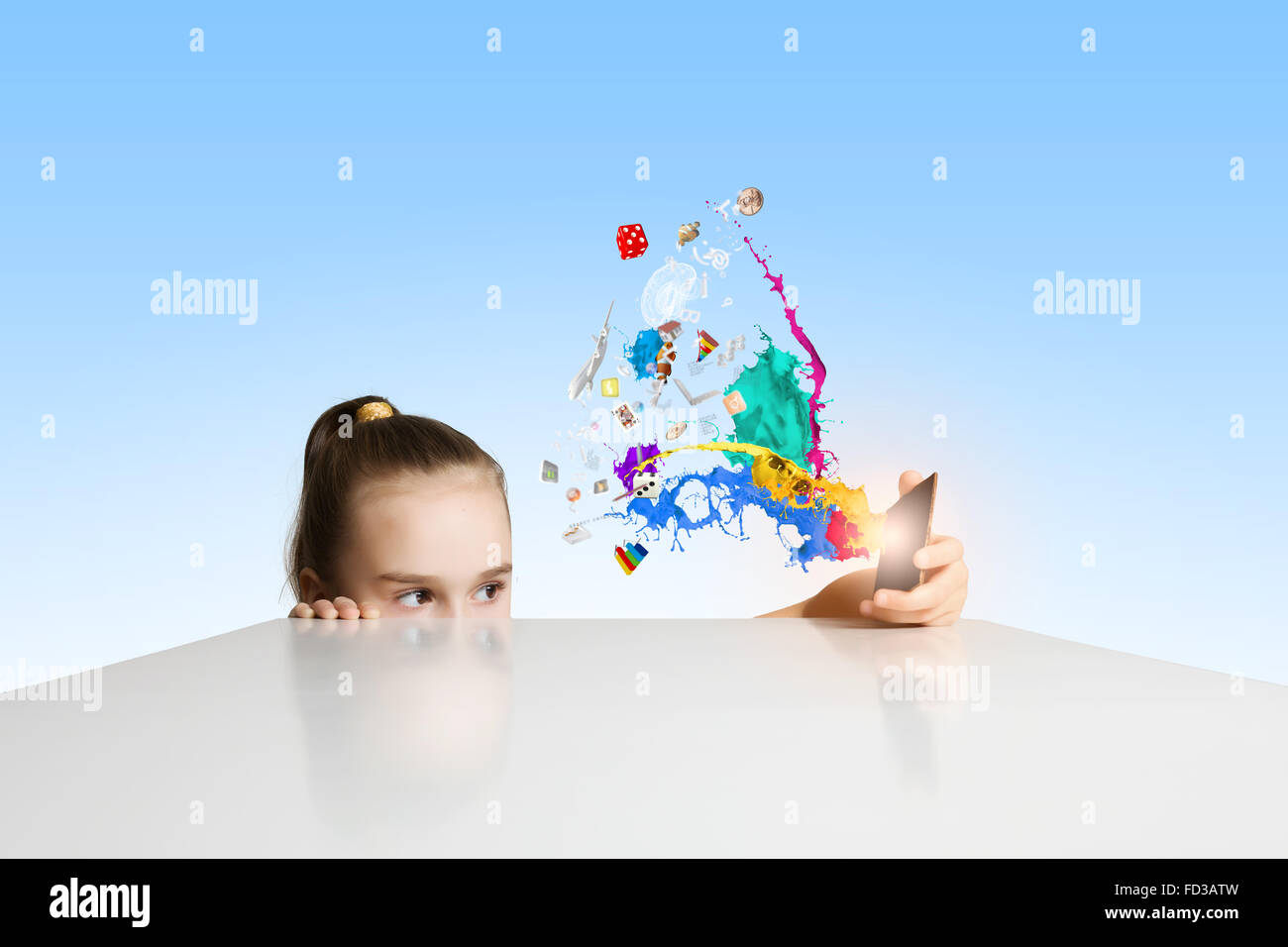 Little cute girl and flying above icons Stock Photo - Alamy