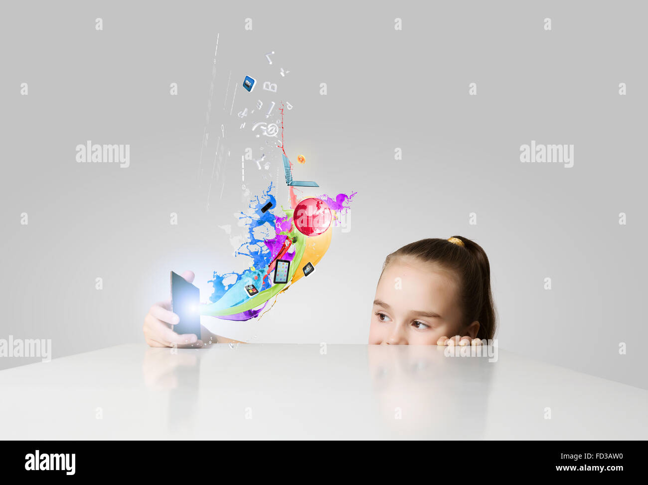 Little cute girl and flying above icons Stock Photo - Alamy