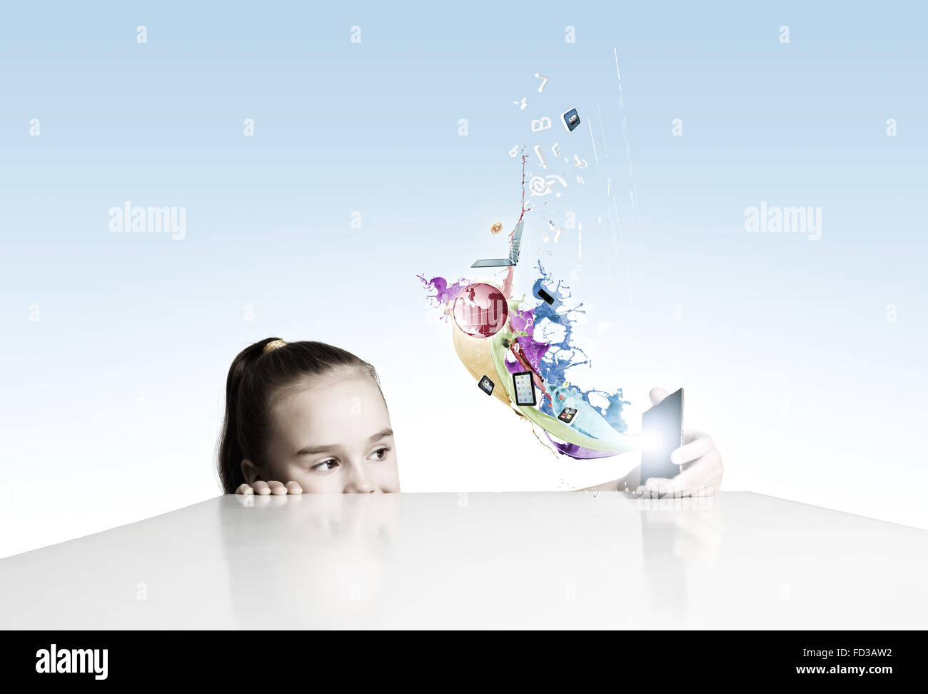 Little cute girl and flying above icons Stock Photo - Alamy