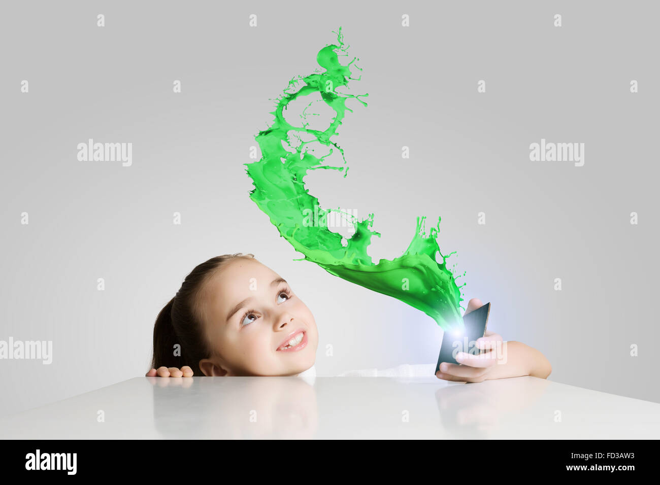Little cute girl and flying above icons Stock Photo - Alamy