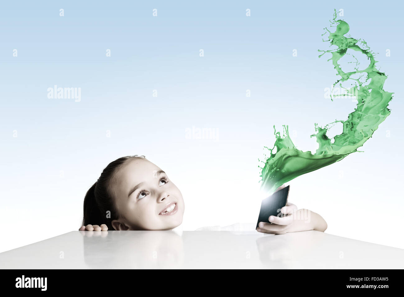 Little cute girl and flying above icons Stock Photo - Alamy