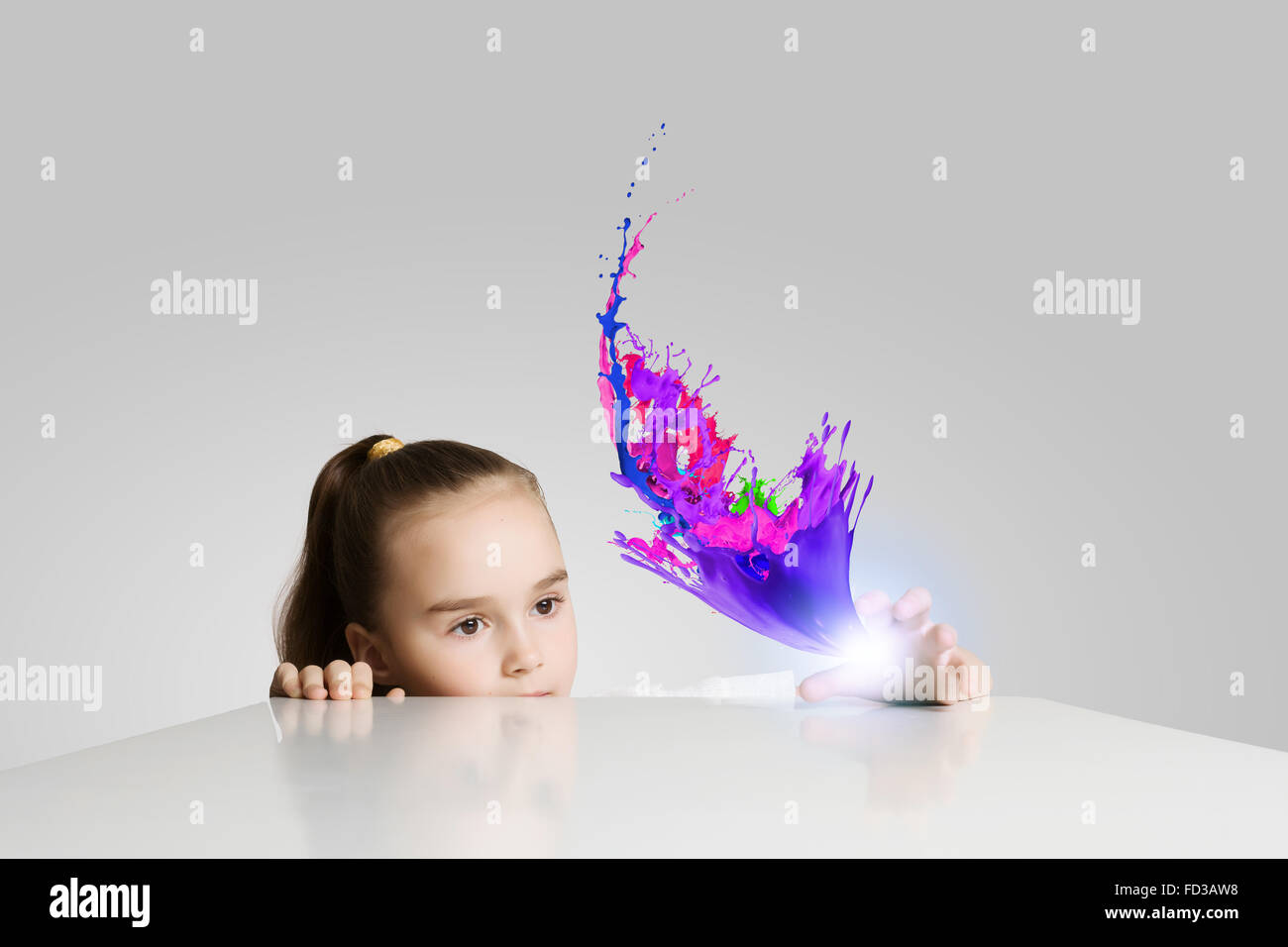 Little cute girl and flying above icons Stock Photo - Alamy