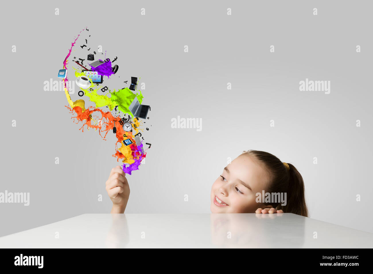 Little cute girl and flying above icons Stock Photo - Alamy