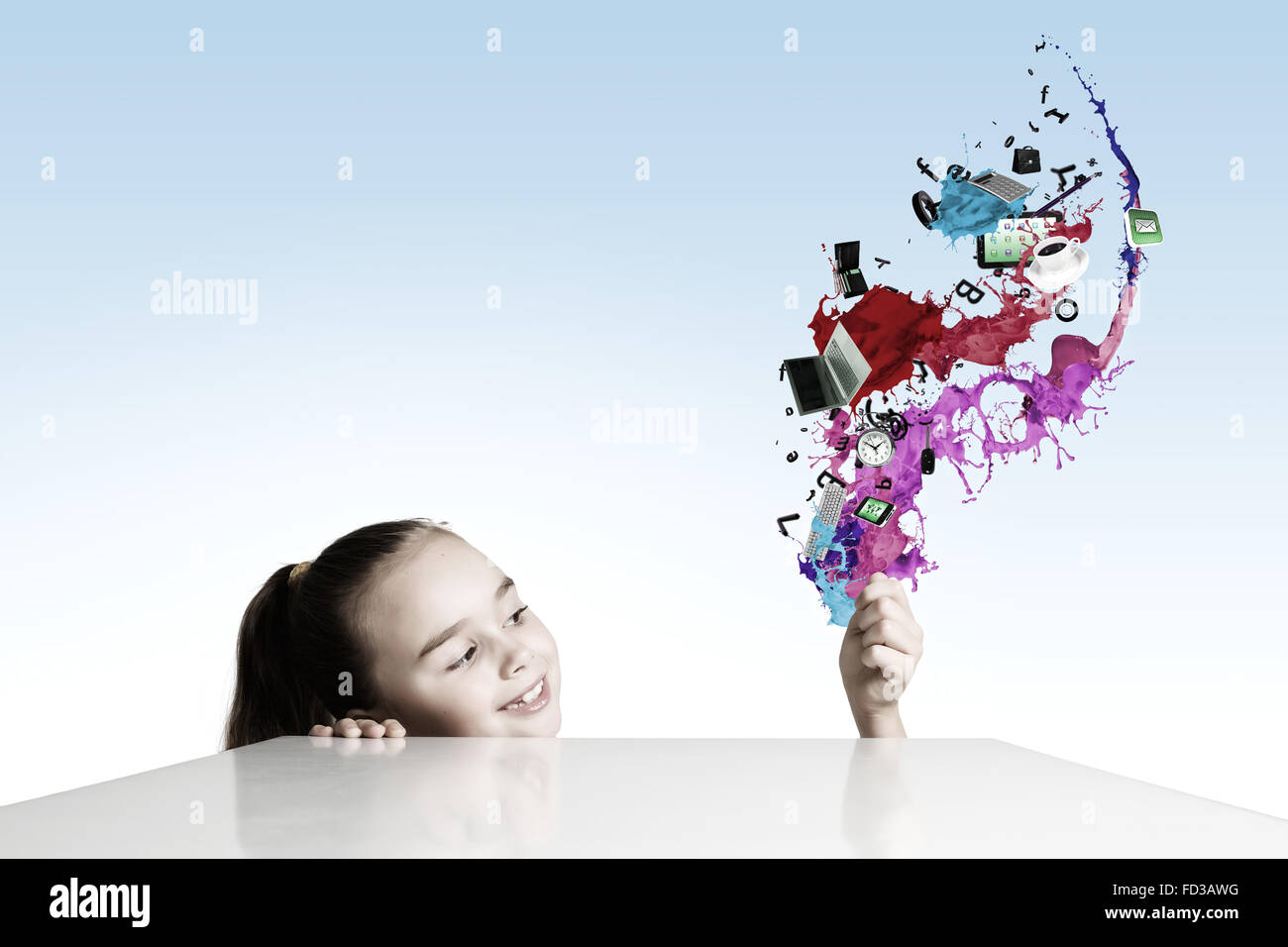 Little cute girl and flying above icons Stock Photo - Alamy