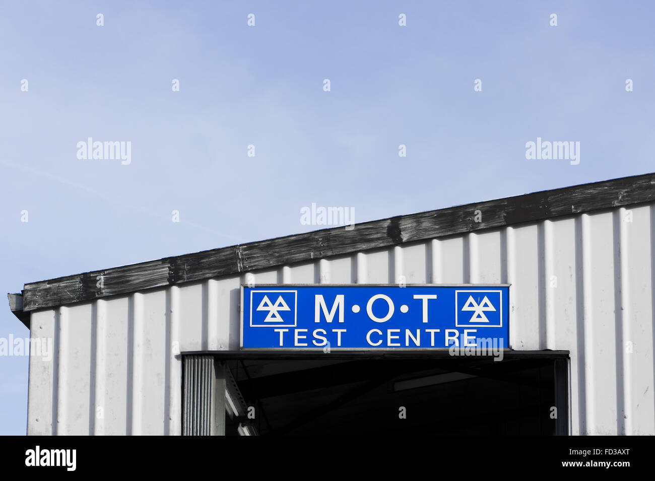 The sign for an MOT vehicle test centre in the UK Stock Photo