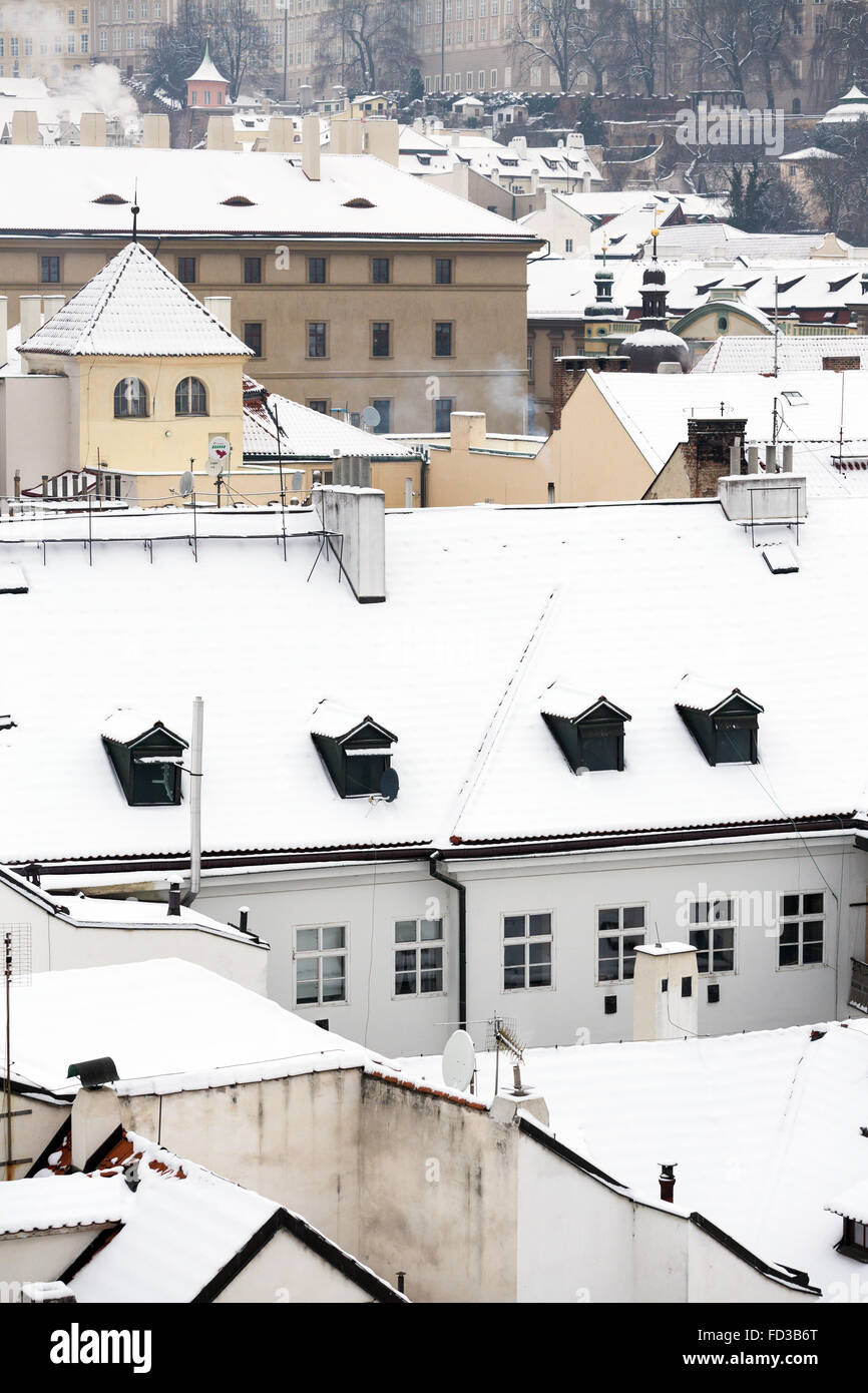 Snowy  roofs of the Lesser town Prague in winter, Czech republic, Europe Stock Photo