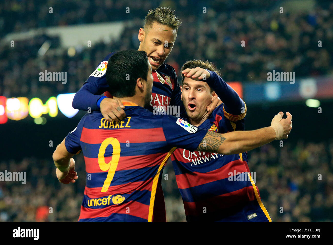 Barcelona, Spain. 27th Jan, 2016. Barcelona's Luis Suarez (L) celebrates for scoring with Neymar (Top) and Lionel Messi during the second round of the Spanish King's Cup quarter-finals against Athletic Bilbao at the Camp Nou stadium in Barcelona, Spain, on Jan. 27, 2016. Barcelona advanced to the semi-final with a total score 5-2. © Pau Barrena/Xinhua/Alamy Live News Stock Photo