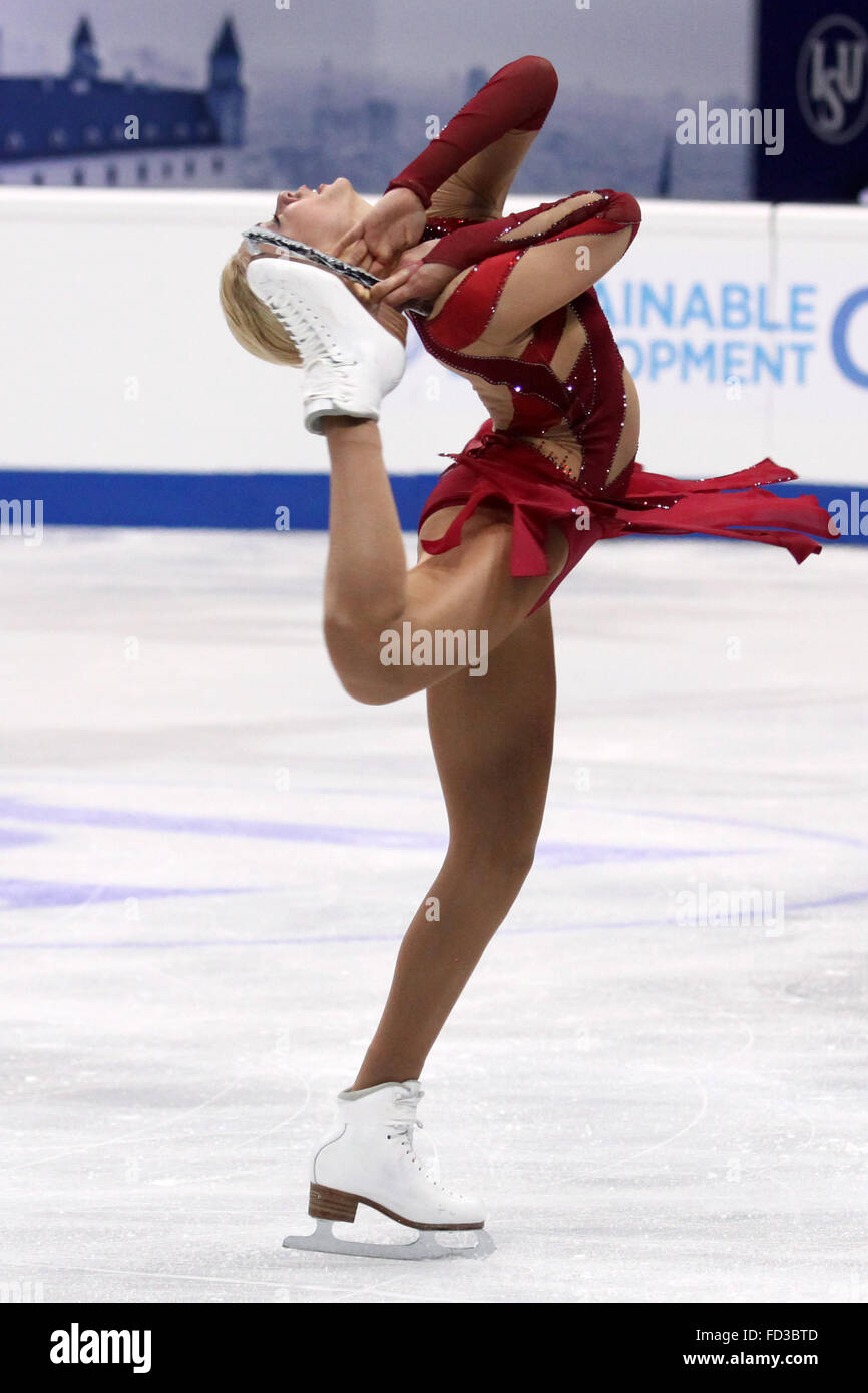 Bratislava, Slovakia. 27th Jan, 2016. Russian figure skater Anna Pogorilaya performs during the women's short program competition at the 79th European Figure Skating Championships in Bratislava, capital of Slovakia, on Jan. 27, 2016. The five-day European Figure Skating Championships opened Wednesday. © Andrej Klizan/Xinhua/Alamy Live News Stock Photo