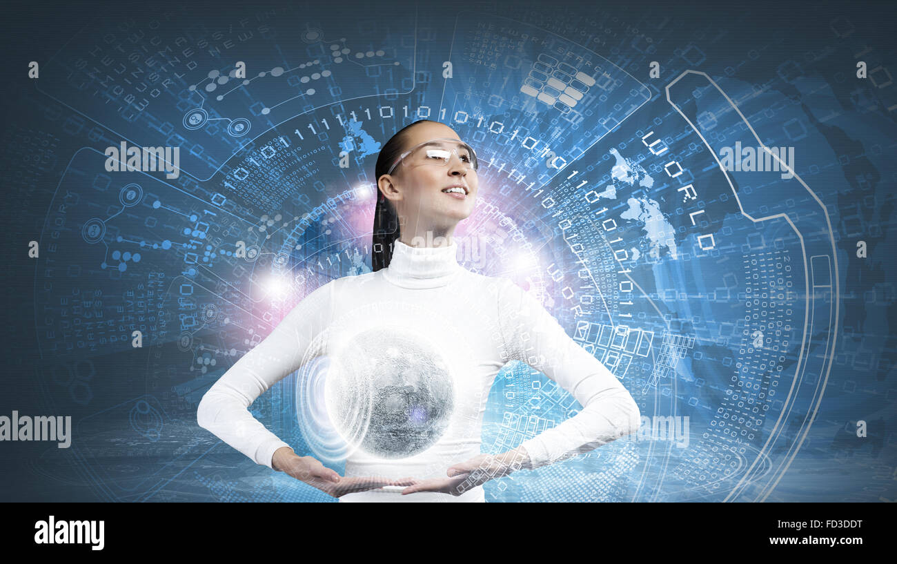 Young woman holding digital Earth planet in hands Stock Photo - Alamy