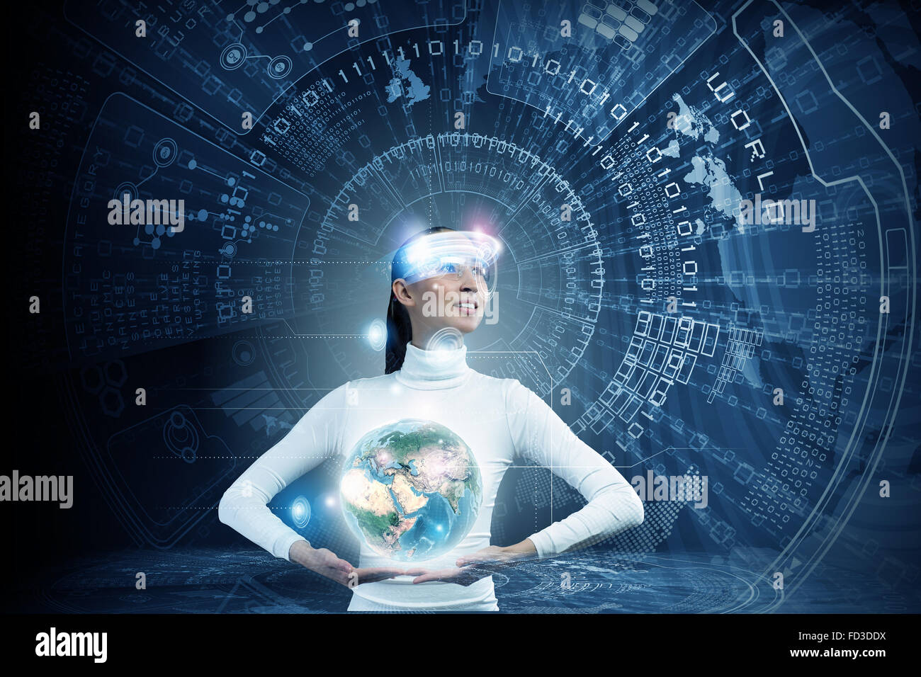 Young woman holding digital Earth planet in hands. Elements of this ...