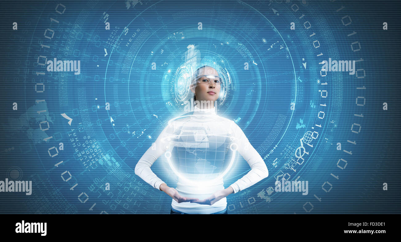 Young woman holding digital Earth planet in hands Stock Photo - Alamy