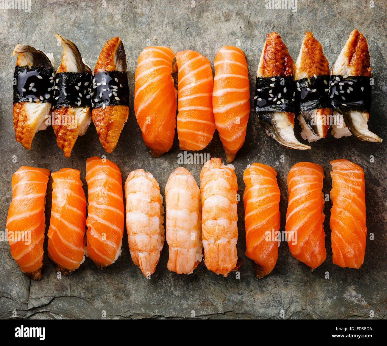 Sushi Set served on gray stone slate background Stock Photo