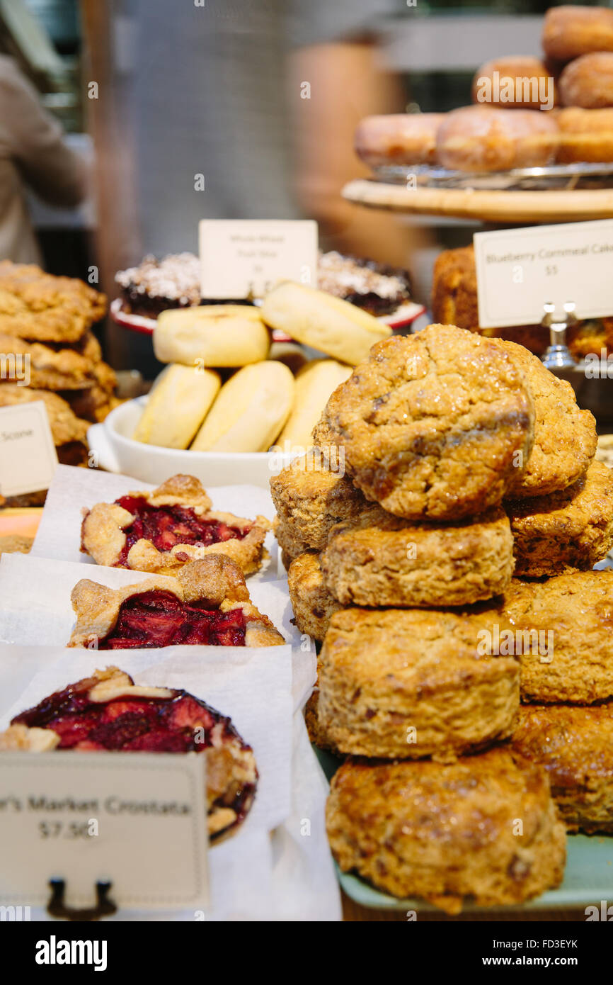 A display full of freshly baked goods at Huckleberry Cafe. Santa Monica, California. Stock Photo