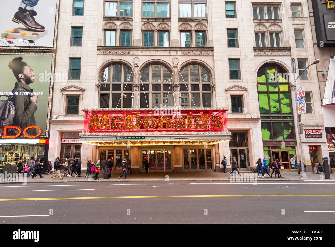 Vintage marquee sign above the entrance to the McDonald's restaurant in New York City - 42nd street, Time Square Stock Photo