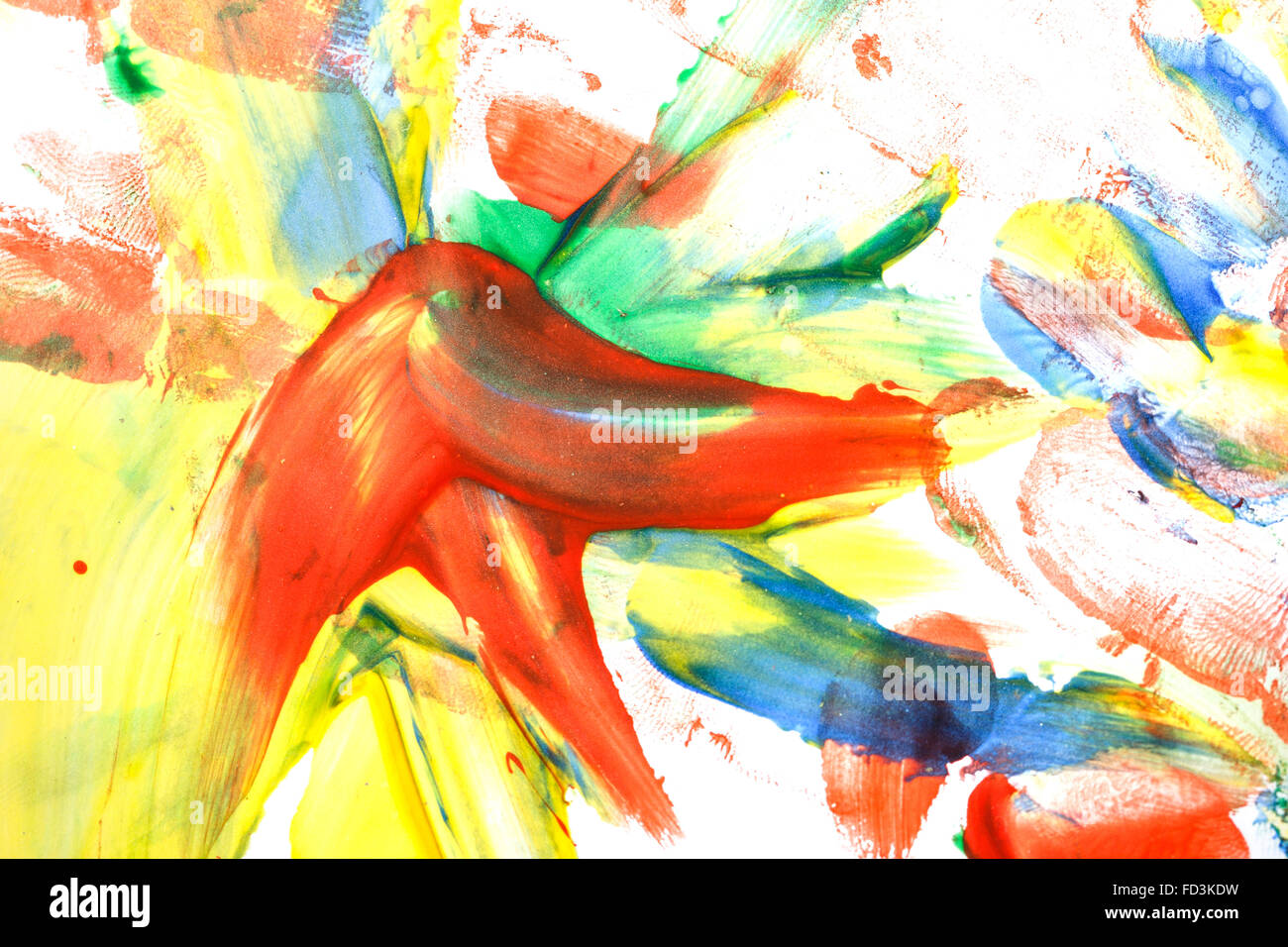 Abstract drawing in a children style. Red, yellow, blue, shades of ...