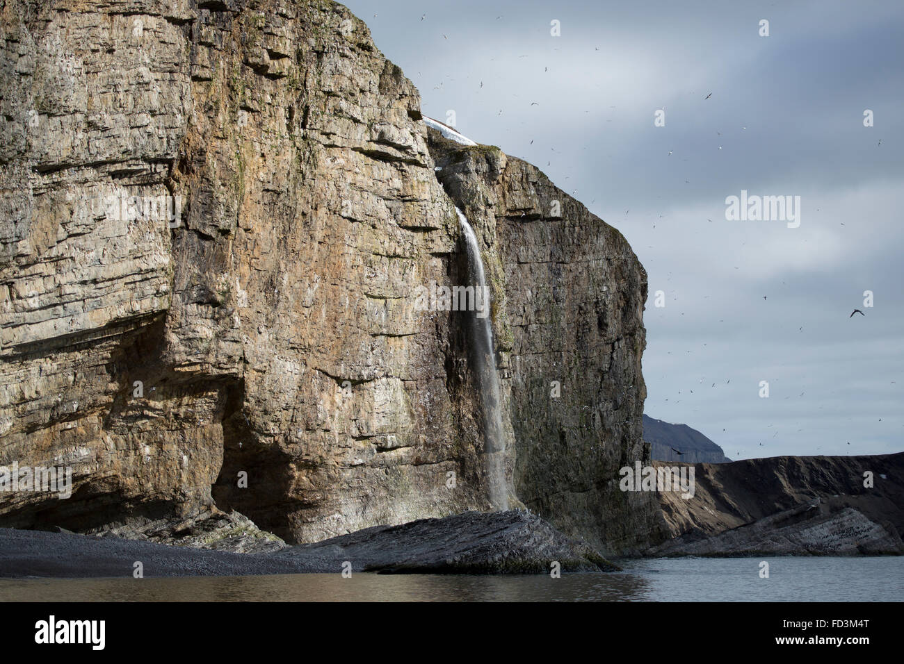 Svalbard, Bjørnøya, Bear Island, waterfall running down steep cliffs with dramtic light. Stock Photo