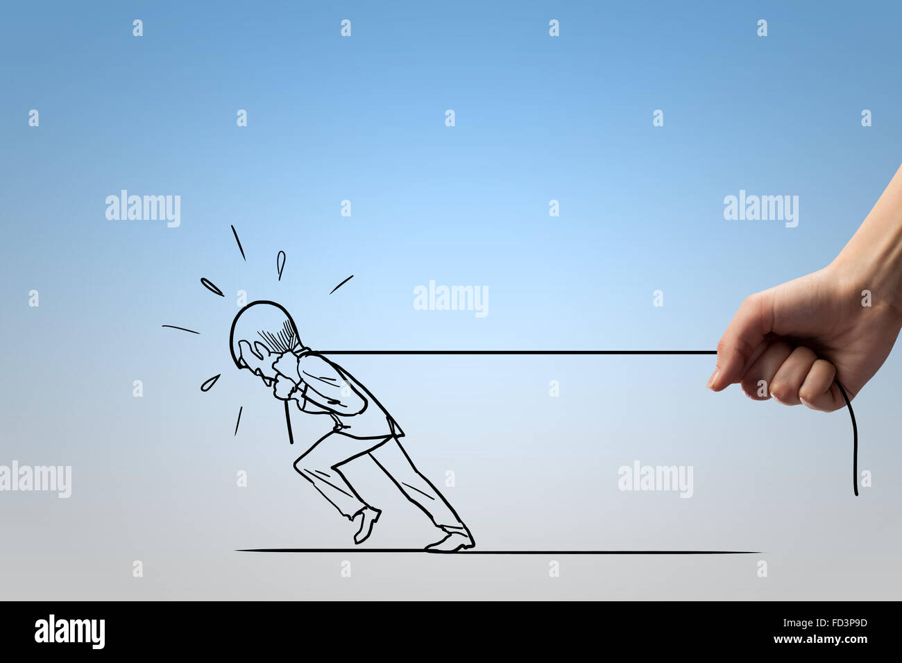 Human hand and caricature of man pulling rope Stock Photo Alamy