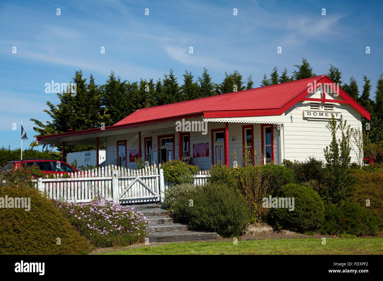 Cafe in old Domett Railway Station, North Canterbury, South Island, New Zealand Stock Photo