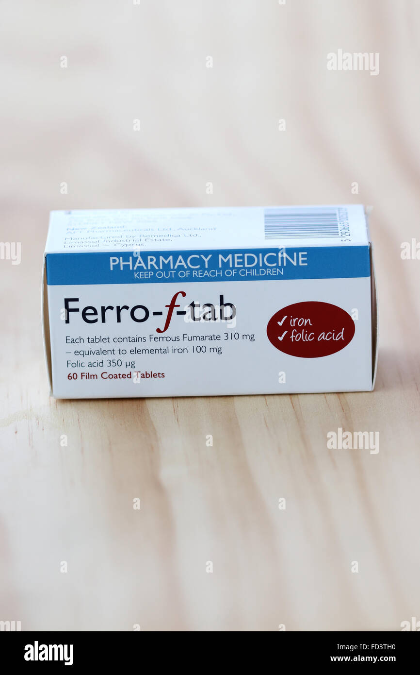 Ferro F Tab iron supplement tablet in its box Stock Photo