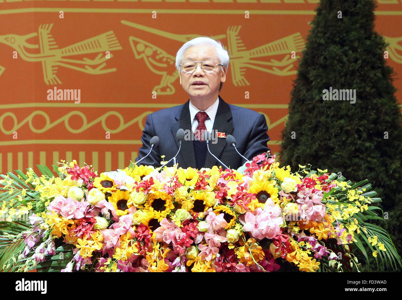 Hanoi, Vietnam. 28th Jan, 2016. General Secretary of the newly-elected 12th Communist Party of Vietnam (CPV) Central Committee Nguyen Phu Trong addresses the closing session of the 12th National Congress of the CPV in Hanoi, capital of Vietnam, Jan. 28, 2016. 1,510 delegates representing over 4.5 million Communist Party of Vietnam (CPV) members attended the congress. © VNA/Xinhua/Alamy Live News Stock Photo