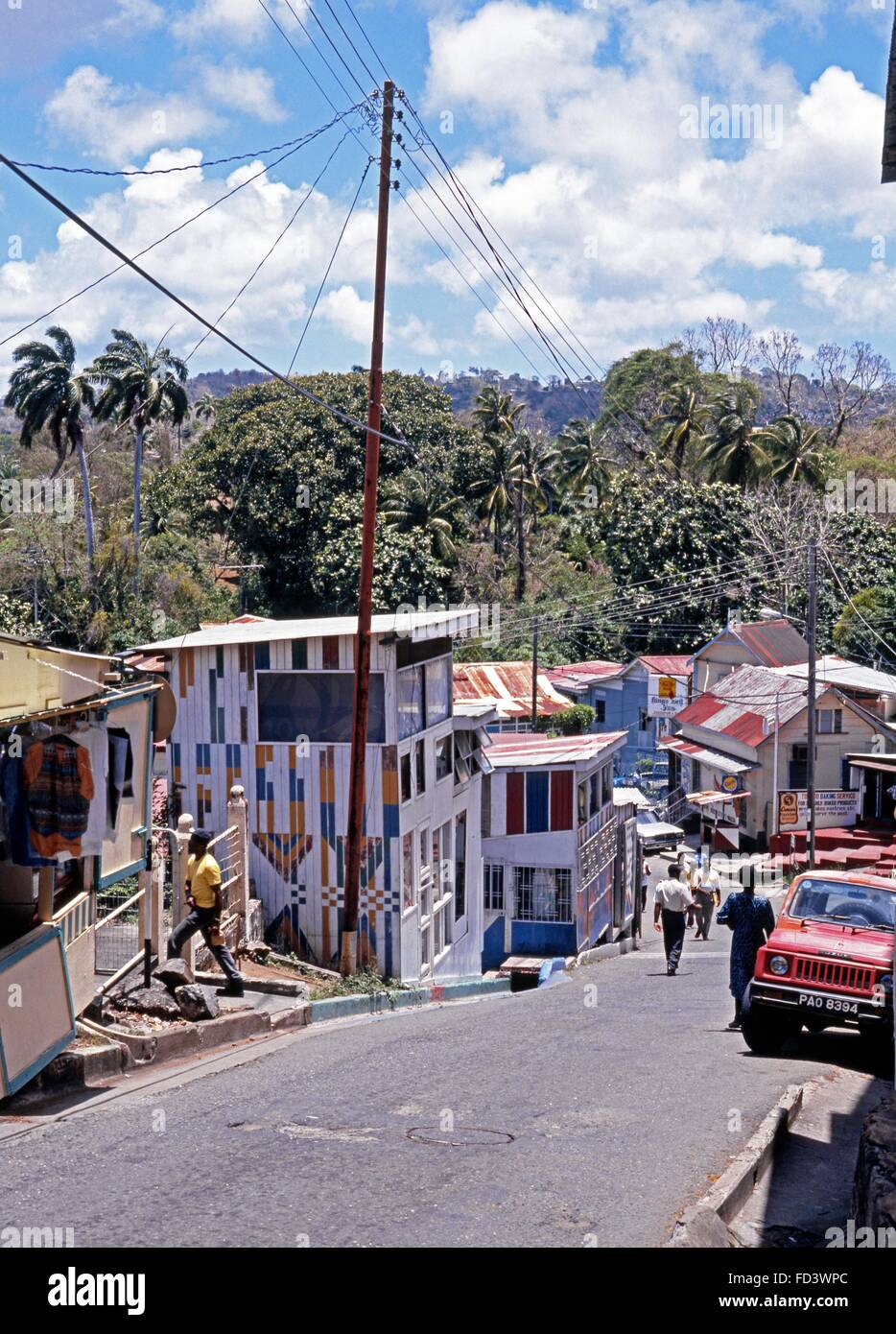 Buildings along village street, Scarborough, Tobago, Trinidad and Tobago, Caribbean. Stock Photo