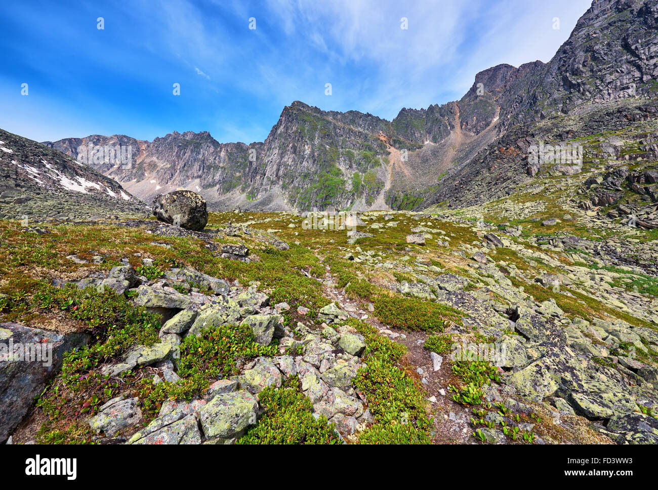 Hiking trails in the mountains of Eastern Siberia . July Stock Photo