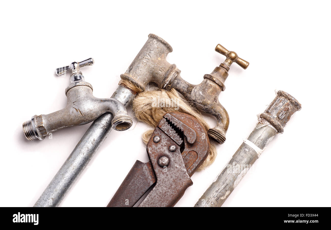 plumbing tools lying with old pipes and faucets Stock Photo Alamy