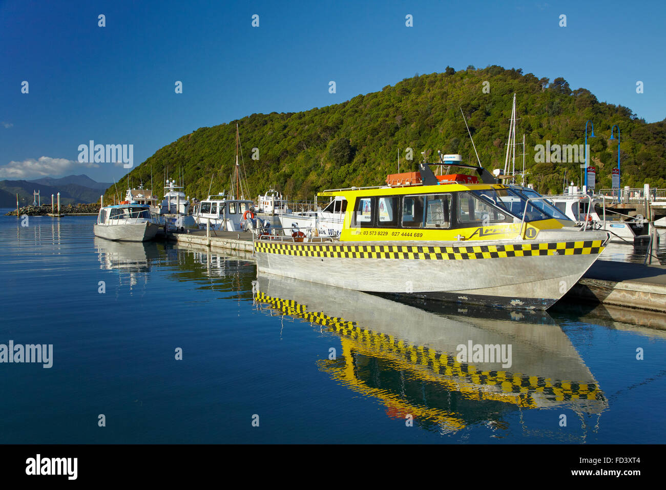 Water taxis, Picton Harbour, Marlborough Sounds, South Island, New Zealand Stock Photo