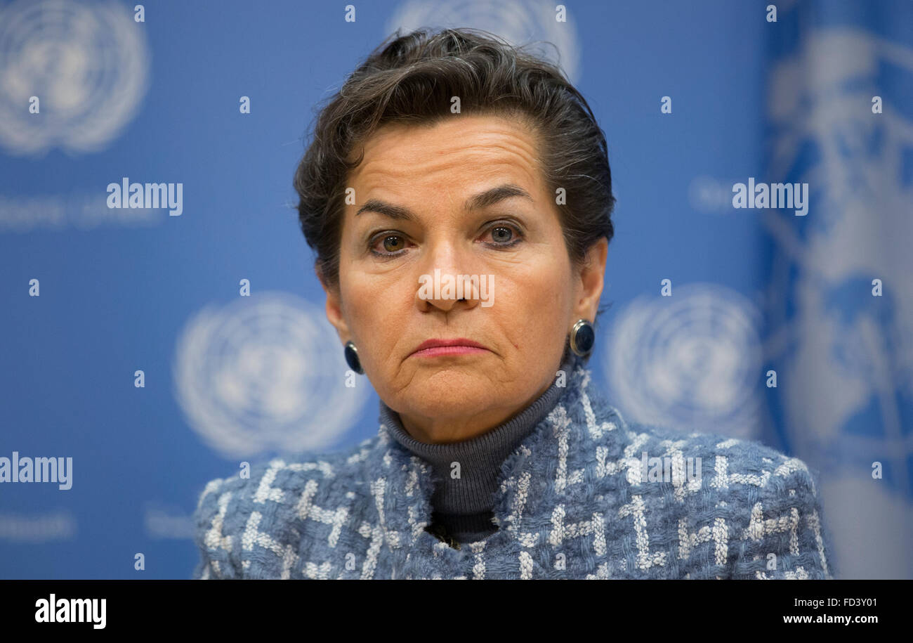 New York, United States. 27th Jan, 2016. Christiana Figueres, Executive Secretary, United Nations Framework Convention on Climate Change attended a Press Conference on the 2016 Investor Summit on Climate Risk today at the UN Headquarters in New York. © Luiz Rampelotto/Pacific Press/Alamy Live News Stock Photo