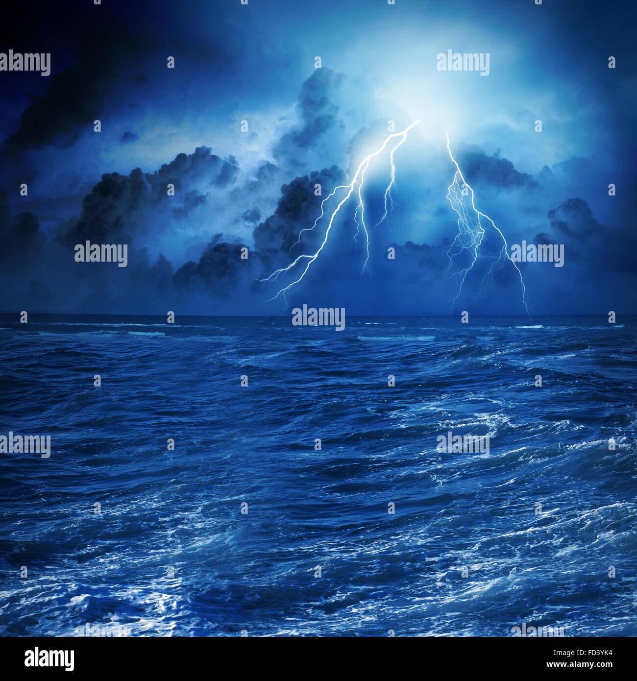 Image of night stormy sea with big waves and lightning Stock Photo - Alamy