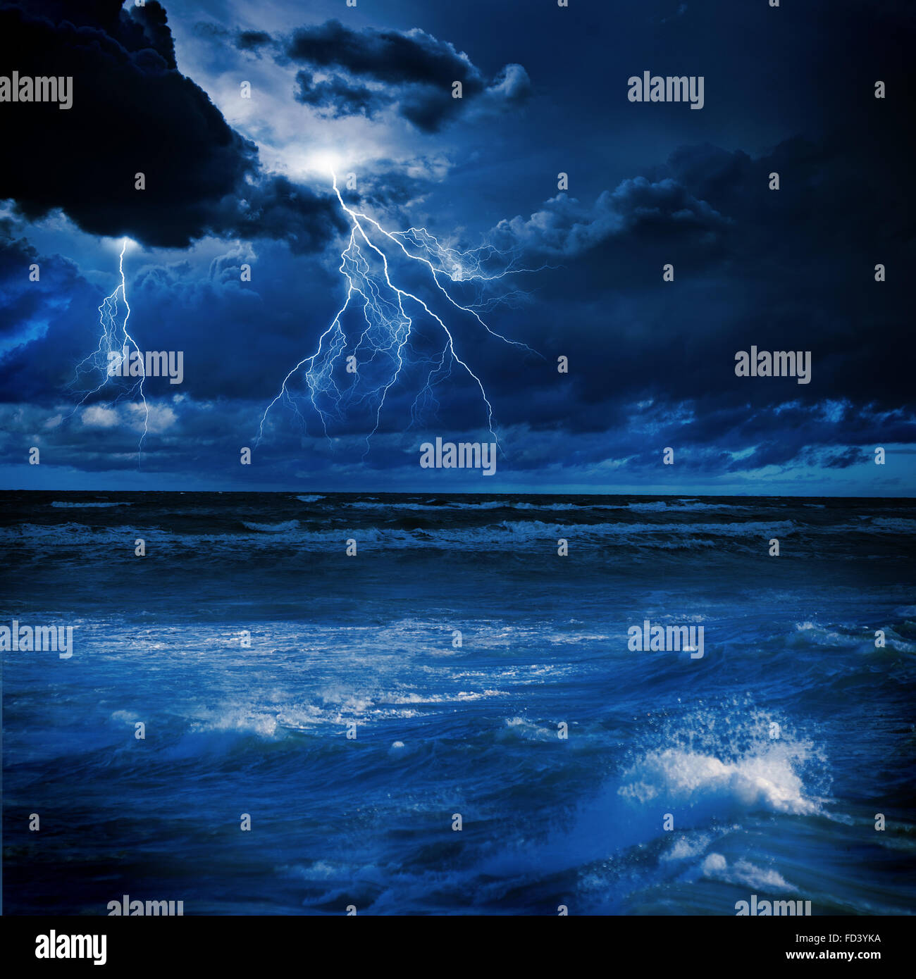 Image of night stormy sea with big waves and lightning Stock Photo - Alamy
