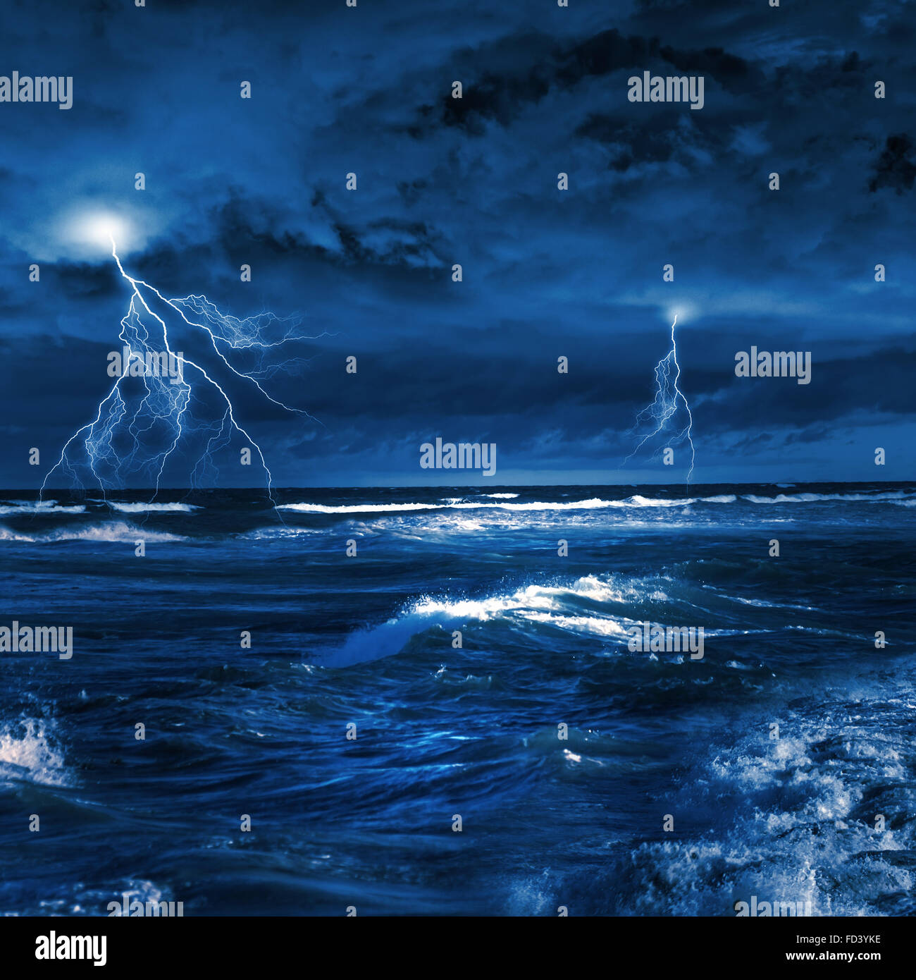Image of night stormy sea with big waves and lightning Stock Photo - Alamy