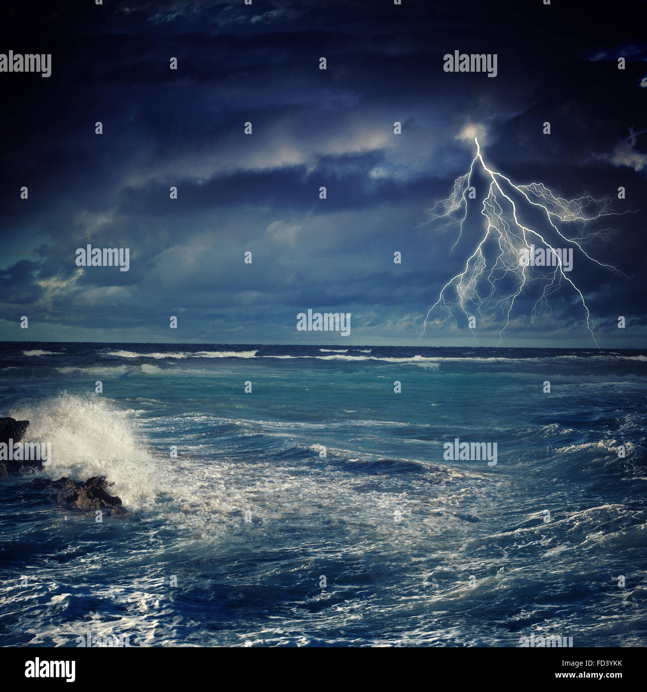 Image of night stormy sea with big waves and lightning Stock Photo - Alamy