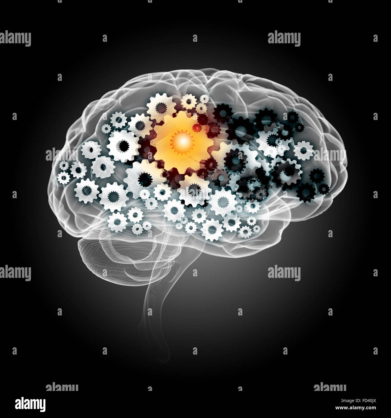 Human brain silhouette with gears and cog wheel elements against black ...