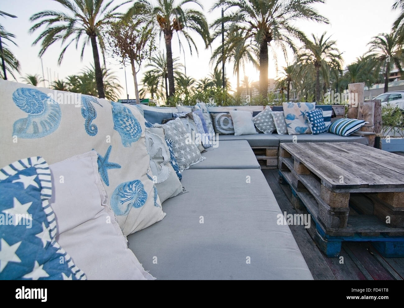 Cozy nautical style sofa outdoors in the Boat House restaurant in Palma de Mallorca, Balearic islands, Spain Stock Photo
