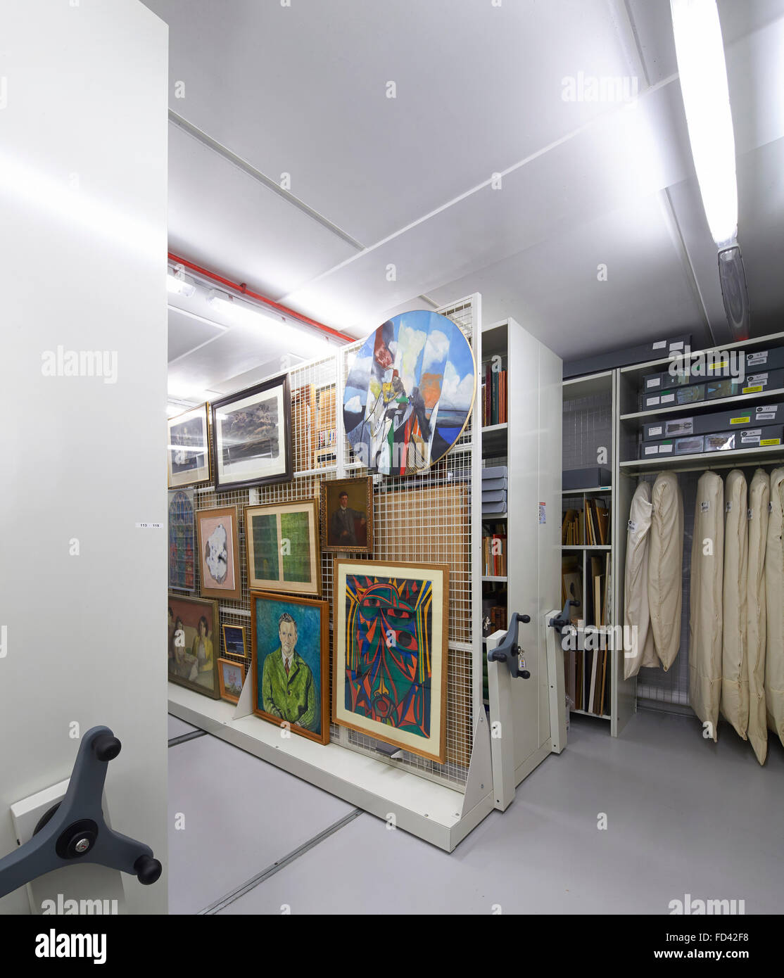 Archive interior with artwork storage. Britten-Pears Archive, Aldeburgh, United Kingdom. Architect: Stanton Williams, 2013. Stock Photo