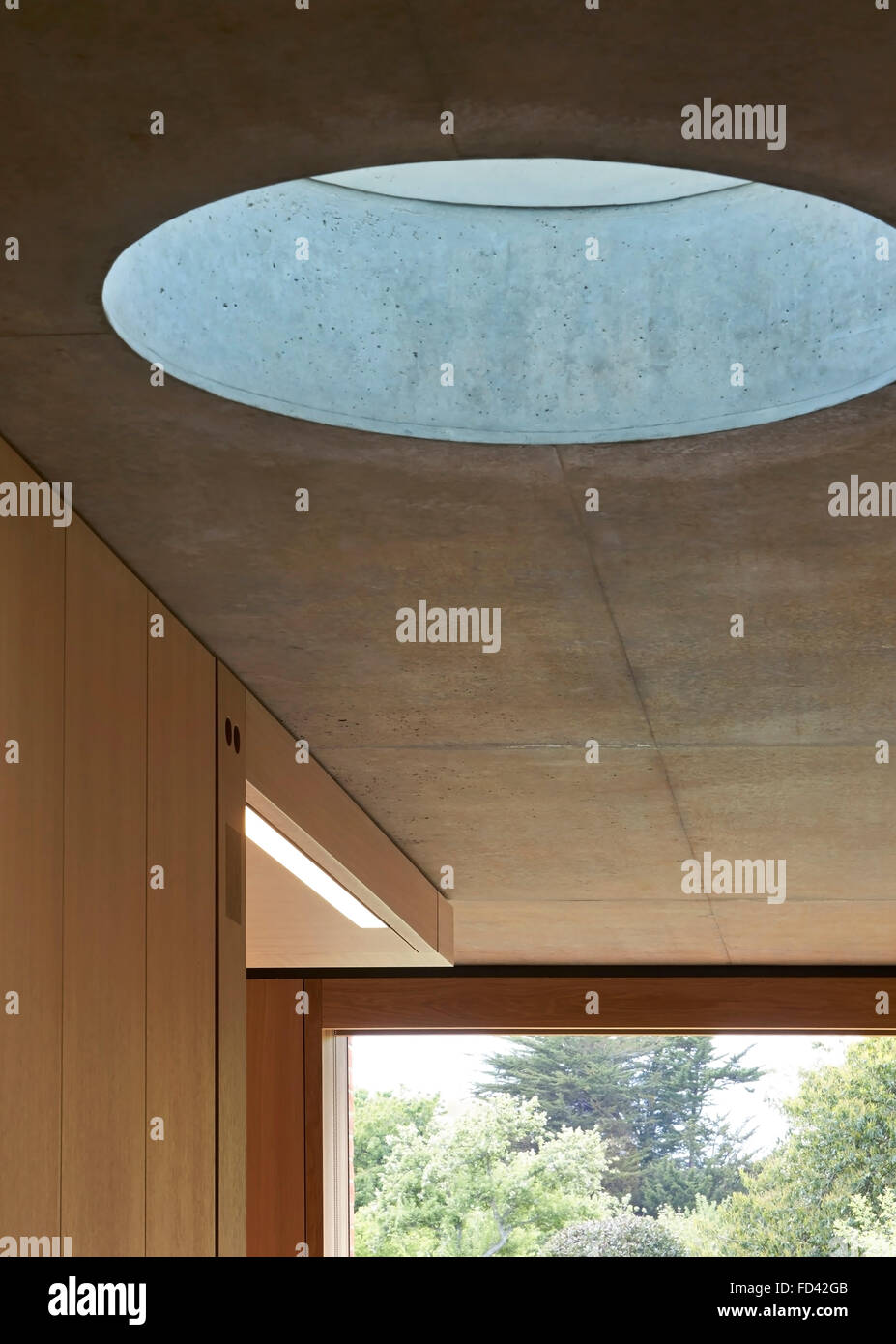 Timber lining and concrete ceiling soffit with circular void. Britten-Pears Archive, Aldeburgh, United Kingdom. Architect: Stant Stock Photo